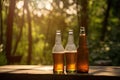 bottles of beer and glasses on wooden table in summer garden Royalty Free Stock Photo