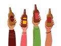 Bottles of beer in hand. Pub concept vector illustration