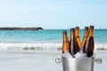 Bottles of beer with ice cubes in metal bucket against ocean and beach. Space for text Royalty Free Stock Photo