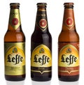 Bottles of Belgian Leffe Blond, Bruin and Tripel beer