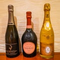 Bottles of Champagne: Billecart-Salmon Brut reserve, Laurent-Perrier Cuvee Rose and Cristal by the Luis Roederer winery