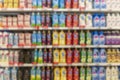 Bottles of cleaning products on supermarket shelves. Large assortment. Front view. Blurred Royalty Free Stock Photo