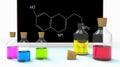 Chemistry Classroom: Colored Liquid Bottles and Serotonin Formula