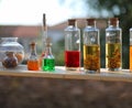 bottles with colored liquids that can be used as magical positio Royalty Free Stock Photo