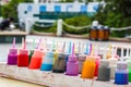 Bottles of colored powder, various colors Royalty Free Stock Photo