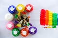 Bottles of colorful paint with paint brushes