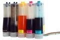Bottles of continuous ink supply system for a retrofit inkjet printer Royalty Free Stock Photo