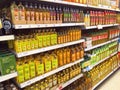 Bottles of cooking oil in a superstore.