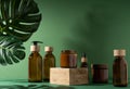 Bottles for cosmetics and cream on a pedestal, green background with leaves and shadow. Brown glass jars with wooden