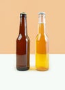 A bottles of craft lager and porter beer on dual color beige background. International beer day or Octoberfest concepts
