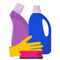 The bottles of detergent, washing powder, detergent powder, rubber gloves, cleaning sponge. Cleaning services concept. Vector illu