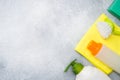 Bottles with detergents, brushes and sponges on concrete background. Colorful cleaning products. Home cleaning concept. Top view, Royalty Free Stock Photo