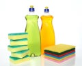 Bottles of dishwashing liquid and sponges Royalty Free Stock Photo