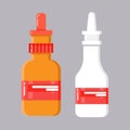 Bottles with drops and spray, nasal spray. Drops from allergies. White plastic bottles. Runny nose flat icon Royalty Free Stock Photo