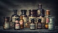 Bottles with drugs from old medical, chemical and pharmaceutical glass. Chemistry and pharmacy history concept background. Retro