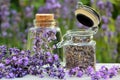 Bottles of essence with fresh lavender flowers and dry flowers.