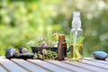 Bottles of essential oil and flowers of aromatic herb Royalty Free Stock Photo