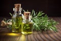 Bottles of essential oil with fresh rosemary twigs on wooden table. Rosemary oil for hair growth in a small bottle surrounded with