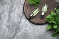 Bottles of essential oil and mint on grey table, top view. Space for text Royalty Free Stock Photo