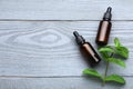 Bottles of essential oil and mint on grey wooden table, flat lay. Space for text Royalty Free Stock Photo