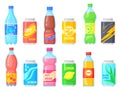 Bottles fizzy drinks. Nonalcoholic drink bottle and can soda beverage, cold pop sprite with orange sweet juice, drinking