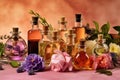 Bottles and flacons with perfume essences and oils.