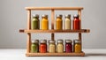 bottles of flavoring on wooden rack