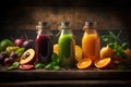 Bottles of fresh fruit and vegetable juices on rustic wooden background Royalty Free Stock Photo