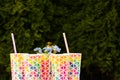 Bottles of freshly squeezed orange and berry juice standing on a wooden tray on a colorful turquoise blue picnic table in dappled