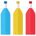 Bottles of fruit juice and soda bottles are beautiful colors.