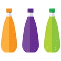 Bottles of fruit juice and soda bottles are beautiful colors. Plastic bottle of water.