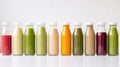 Bottles of fruit and vegetable juices on the white background. Healthy food concept. Generative AI Royalty Free Stock Photo