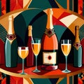 Bottles and glasses of champagne and wine in party celebration environment, retro vintage art deco illustration Royalty Free Stock Photo