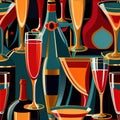 Bottles and glasses of champagne and wine in party celebration environment, retro vintage art deco illustration Royalty Free Stock Photo