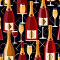 Bottles and glasses of champagne and wine in party celebration environment, retro vintage art deco illustration Royalty Free Stock Photo