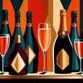 Bottles and glasses of champagne and wine in party celebration environment, retro vintage art deco illustration Royalty Free Stock Photo