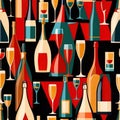 Bottles and glasses of champagne and wine in party celebration environment, retro vintage art deco illustration Royalty Free Stock Photo