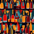 Bottles and glasses of champagne and wine in party celebration environment, retro vintage art deco illustration Royalty Free Stock Photo