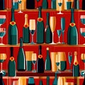 Bottles and glasses of champagne and wine in party celebration environment, retro vintage art deco illustration Royalty Free Stock Photo