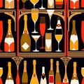 Bottles and glasses of champagne and wine in party celebration environment, retro vintage art deco illustration Royalty Free Stock Photo