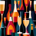 Bottles and glasses of champagne and wine in party celebration environment, retro vintage art deco illustration Royalty Free Stock Photo