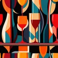 Bottles and glasses of champagne and wine in party celebration environment, retro vintage art deco illustration Royalty Free Stock Photo