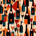 Bottles and glasses of champagne and wine in party celebration environment, retro vintage art deco illustration Royalty Free Stock Photo
