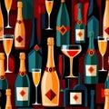 Bottles and glasses of champagne and wine in party celebration environment, retro vintage art deco illustration Royalty Free Stock Photo