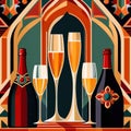Bottles and glasses of champagne and wine in party celebration environment, retro vintage art deco illustration Royalty Free Stock Photo
