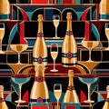 Bottles and glasses of champagne and wine in party celebration environment, retro vintage art deco illustration Royalty Free Stock Photo