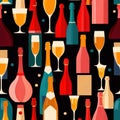 Bottles and glasses of champagne and wine in party celebration environment, retro vintage art deco illustration Royalty Free Stock Photo