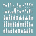 Bottles and glasses line black icon set vector illustration. Holiday celebration. Alcohol drinks on blue background. art