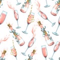 Bottles and glasses with pink champagne, with festive ribbons. Watercolor illustration. Seamless pattern on a white