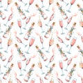 Bottles and glasses with pink champagne, with festive ribbons. Watercolor illustration. Seamless pattern on a white Royalty Free Stock Photo